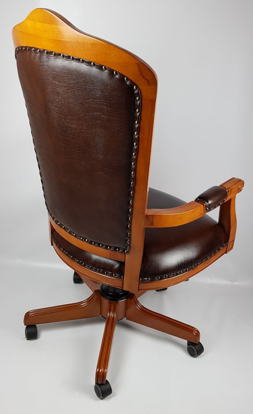 Solid Wood Frame High Back Real Brown Leather Chesterfield Captains Chair - CPT-02