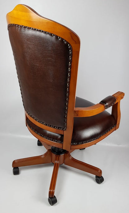 Solid Wood Frame High Back Real Brown Leather Chesterfield Captains Chair - CPT-02