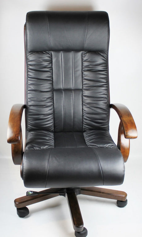 Executive Black Leather Office Chair with Walnut Arms - F01A