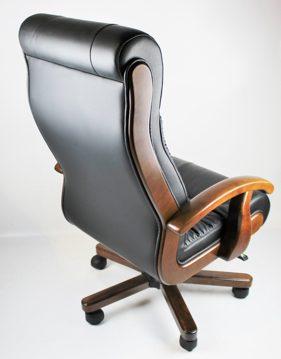 Executive Black Leather Office Chair with Walnut Arms - F01A