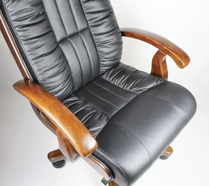 Executive Black Leather Office Chair with Walnut Arms - F01A