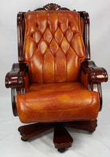 Luxury Executive Office Chair with Wooden Arms and Genuine Tan Leather - J001