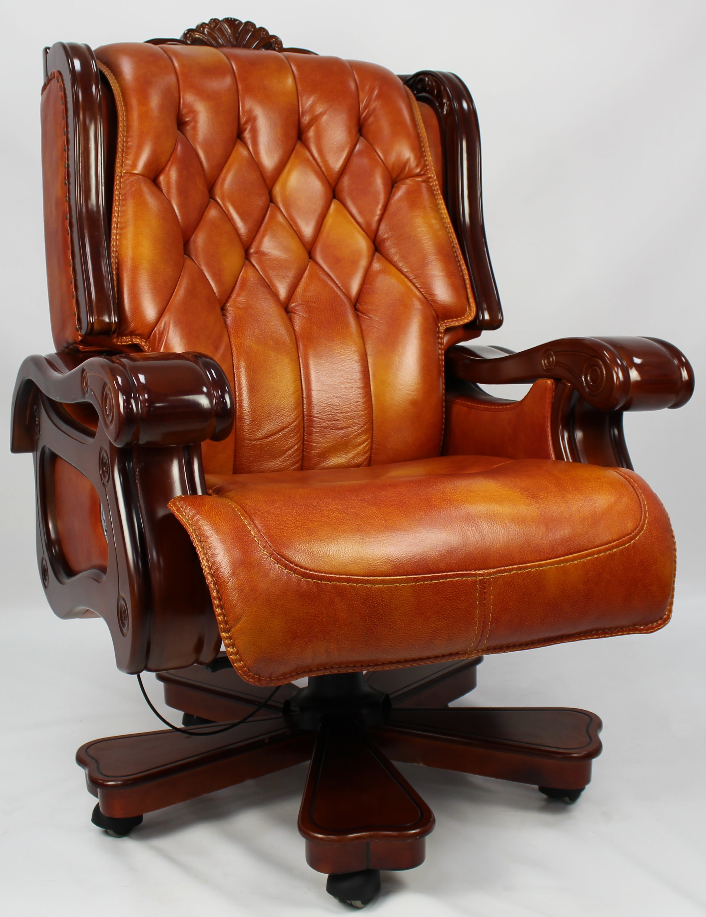 Luxury Executive Office Chair with Wooden Arms and Genuine Tan