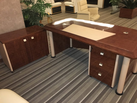 Walnut Veneer High Gloss Executive Office Desk with Cream Leather Panels - 6870-1800mm