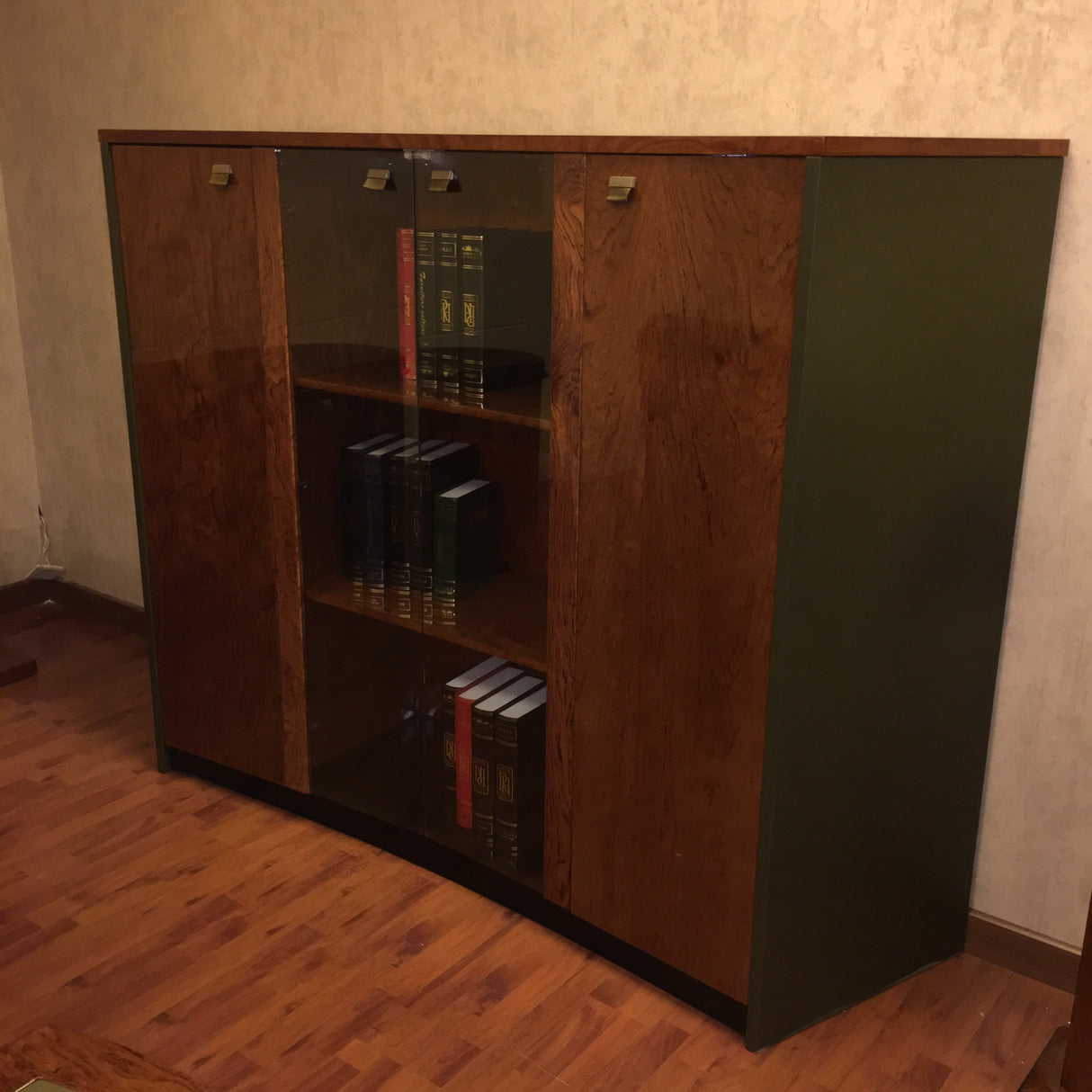 Walnut Gloss & Olive Leather Executive Cabinet - 6865T