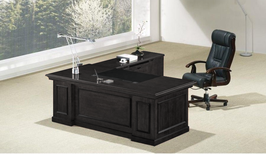 Stunning Black Ash Real Wood Veneer Executive Office Desk With Pedestal & Return - L3F-UG183-1800mm