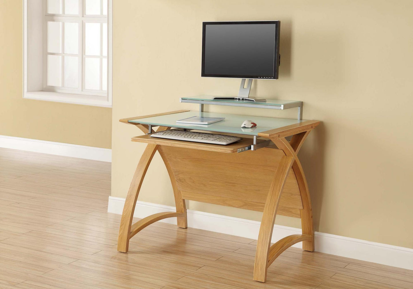 Contemporary Quality Glass Home Office Desk in Oak - 900mm - PC201-900