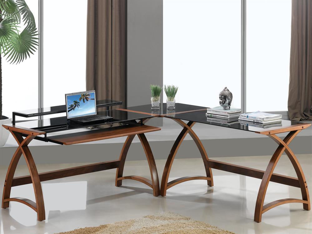 Glass desk store wood