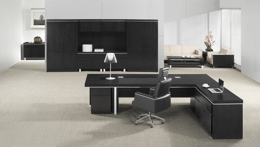 Stunning Large Executive Corner Office Desk with Desk High Return In Black Ash Real Wood Veneer - 3000mm to 3800mm - L3F381