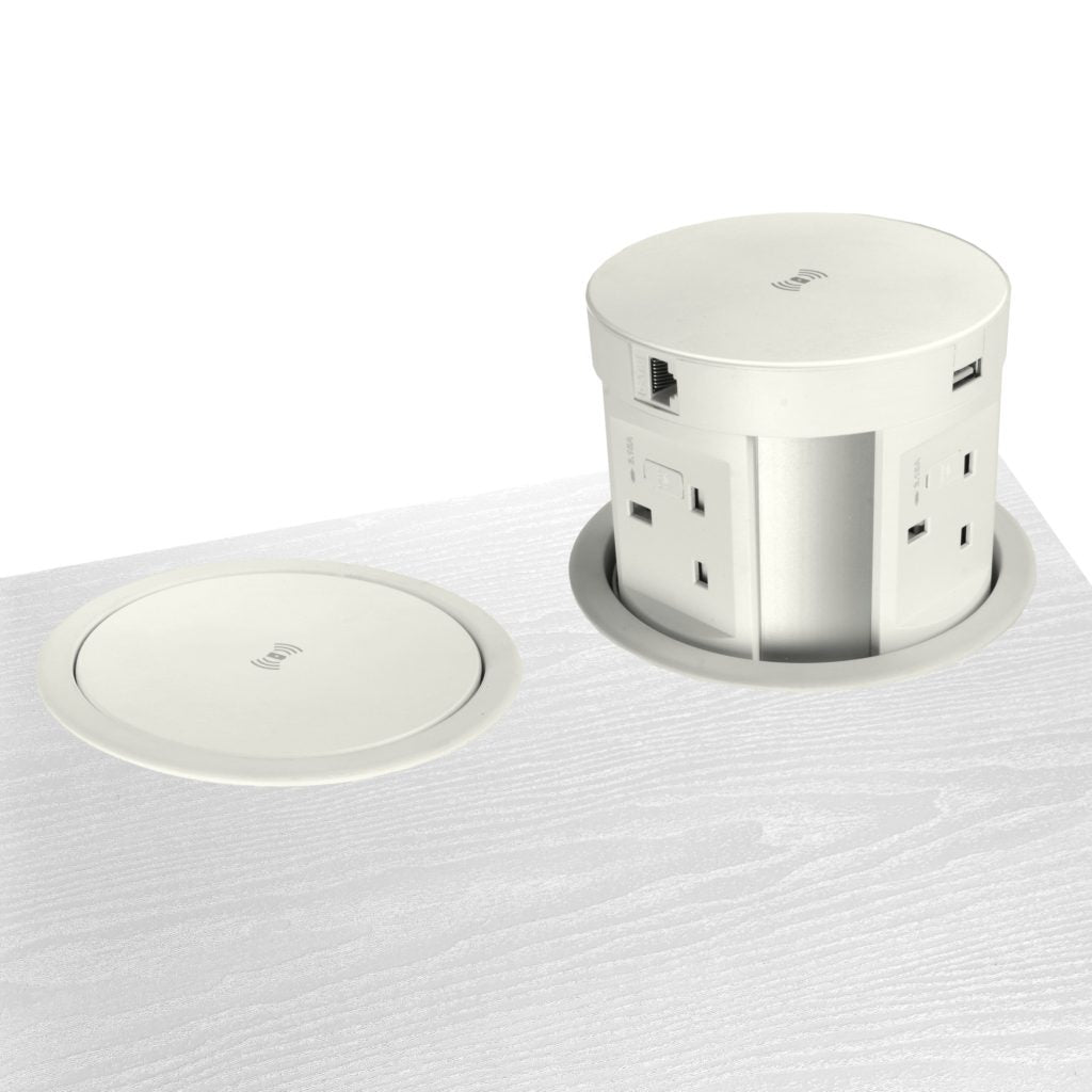 Cable Hole Grommet Desktop Power - Fits 120mm Cable Ports - 4 UK Socket - 2 USB A - 1 HDMI - 1 RJ45 - Wireless Charging - OOF-PP107
