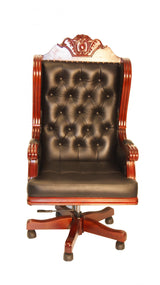 Large Traditional Chesterfield Real Black Leather Office Chair with Walnut Detailing - GRA-FE8A1