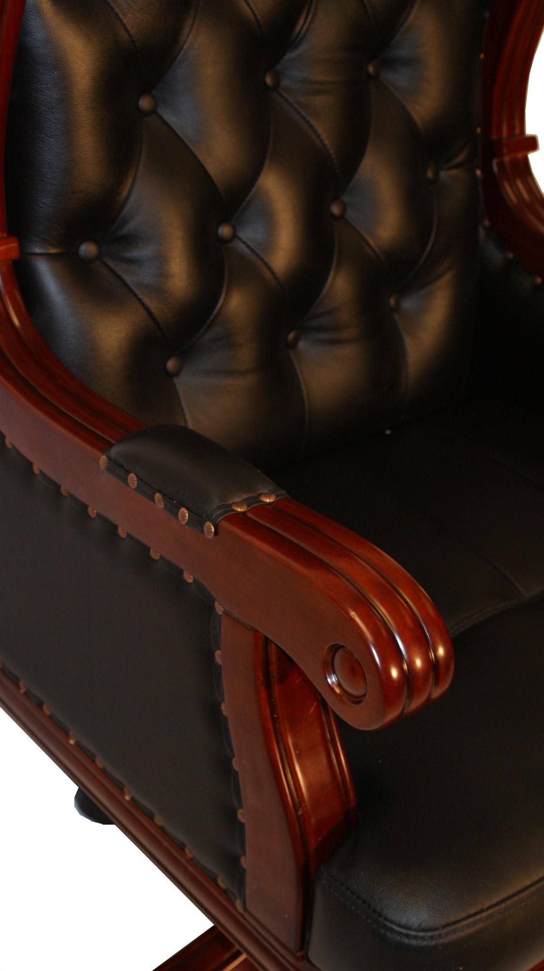 Large Traditional Chesterfield Real Black Leather Office Chair with Walnut Detailing - GRA-FE8A1