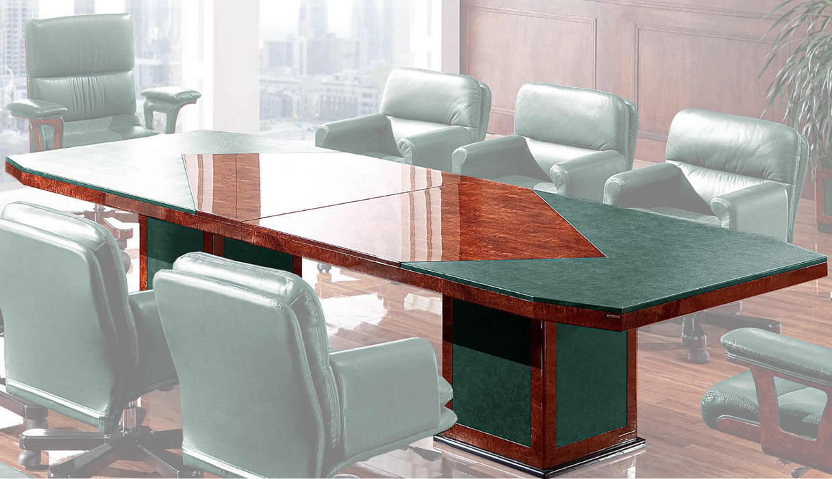 Gloss Walnut Boardroom Table with Green Leather Detailing - 3500mm - SCH-16835C-1