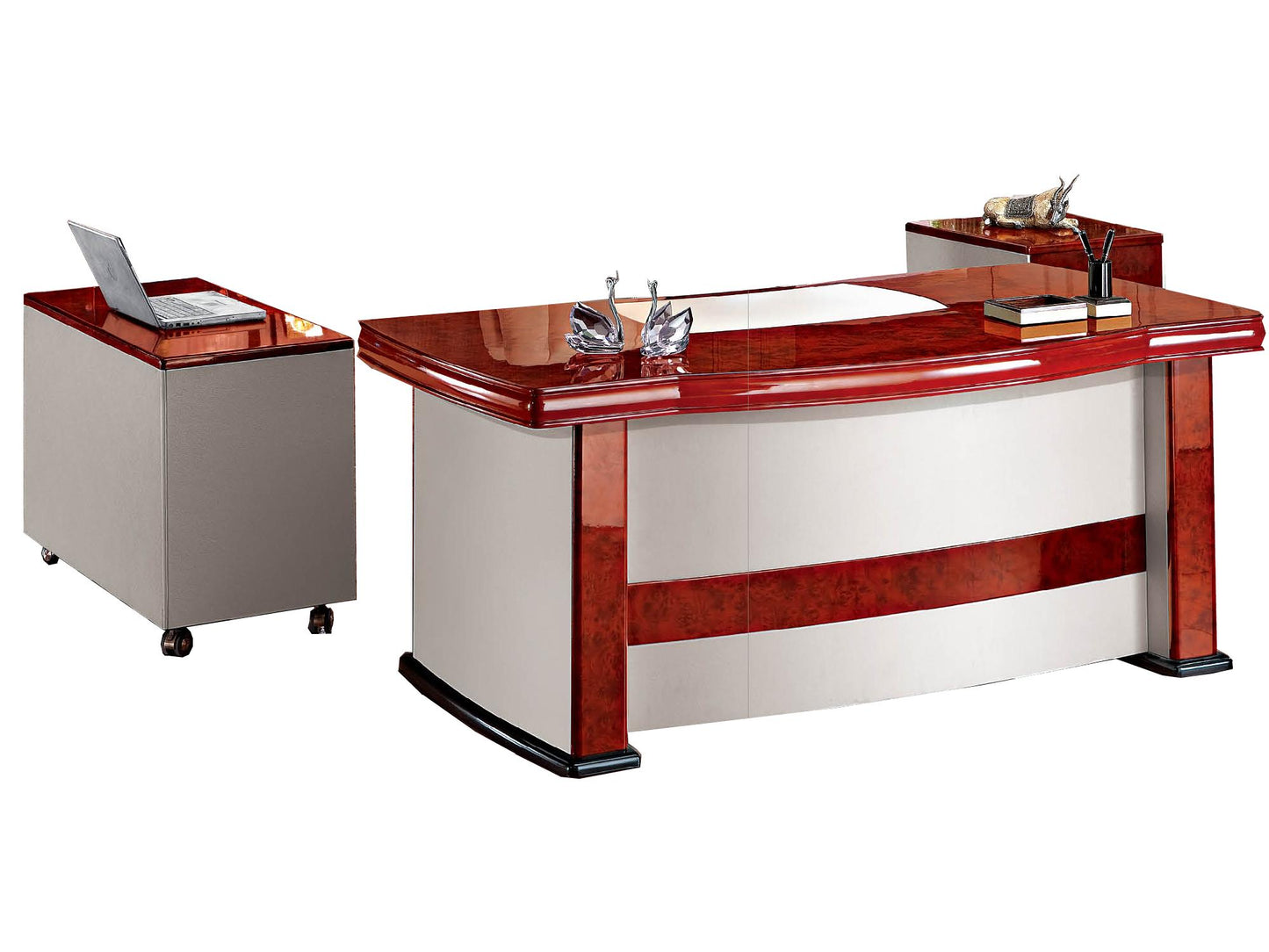 Gloss Walnut Executive Office Desk With White Faux Leather with Pedestal and Return - 2000mm - 6839