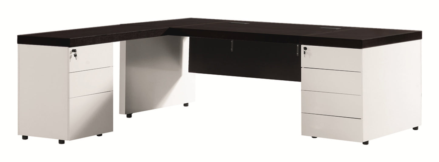 White High Gloss L Shape Executive Desk with Black Bonded Leather Top - 2000mm - T1361