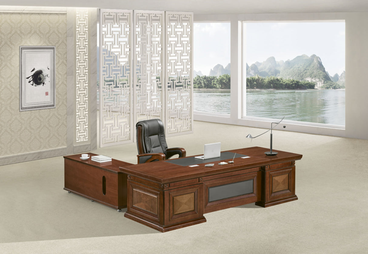 Large Traditional and Stylish Executive Office Desk Real Veneer - With Pedestal and Return - 2400mm / 2600mm / 2800mm - U3J241