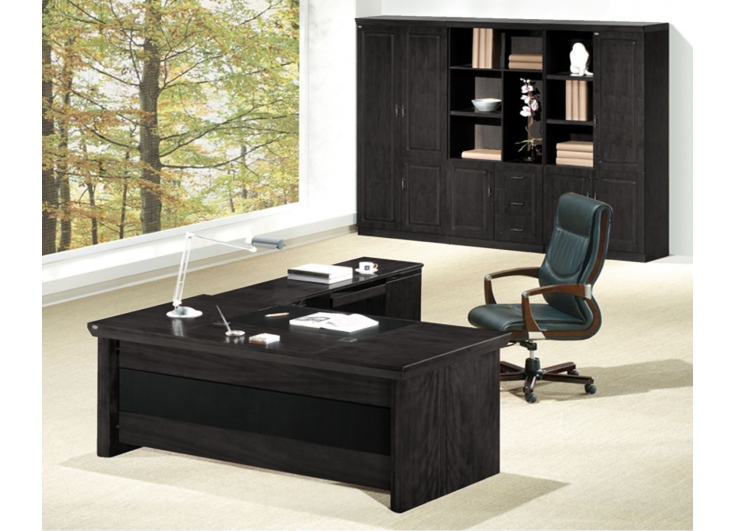 Stunning Black Ash Real Wood Veneer Executive Office Desk With Pedestal & Return - U57203-2000mm