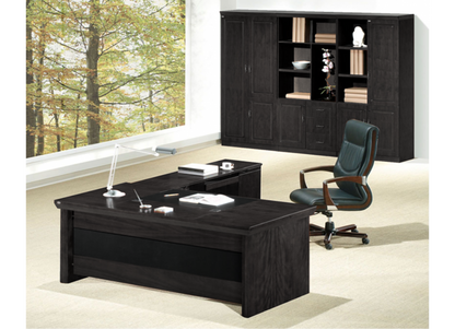 Stunning Black Ash Real Wood Veneer Executive Office Desk With Pedestal & Return - 2000mm - L3F-U57203